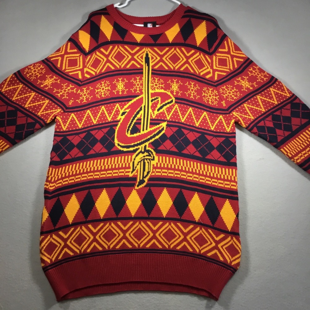NBA Cleveland Cavaliers Mens 2XL Ugly Christmas Sweater Fair Isle Knit Wine Gold